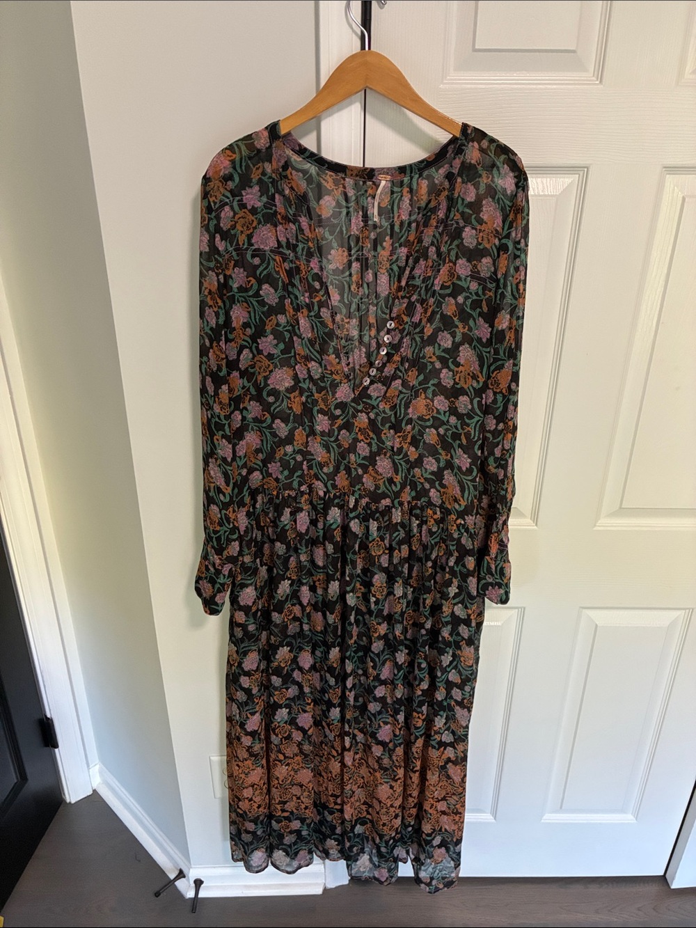 Free People Black Floral Maxi Dress with Pink and Tan Accents